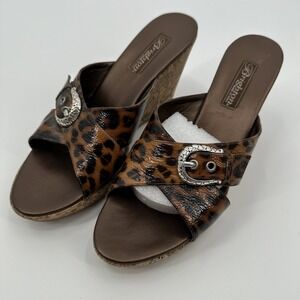 Brighton Shoes Womens Size 9.5 Leopard Print Wedge Cork Heel Buckle Sandals